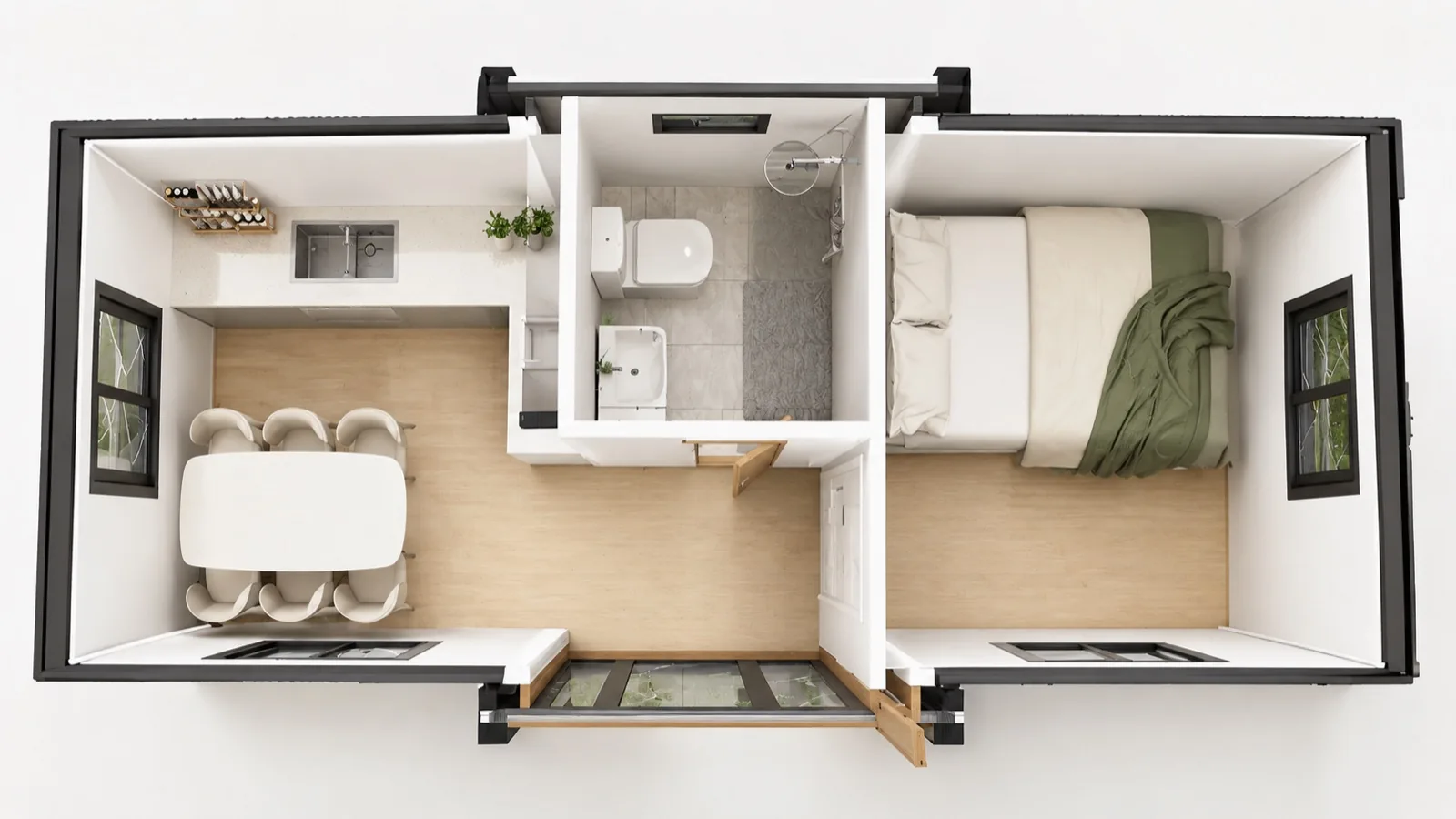 Overhead cutaway of the studio, kitchen and dining table on the left, bathroom with shower, toilet and basin in the centre and a double bed on the right