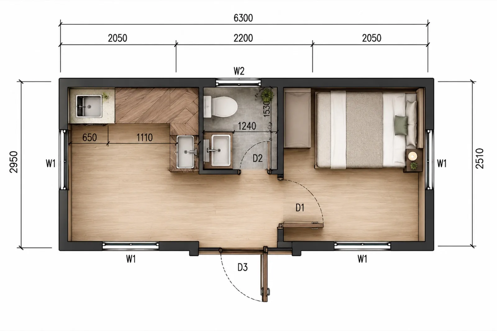 Dimensioned layout, 6,300 by 2,950 mm deployed, kitchen and living in the 2,050 mm left wing, bathroom in the 2,200 mm centre and the bedroom in the right wing