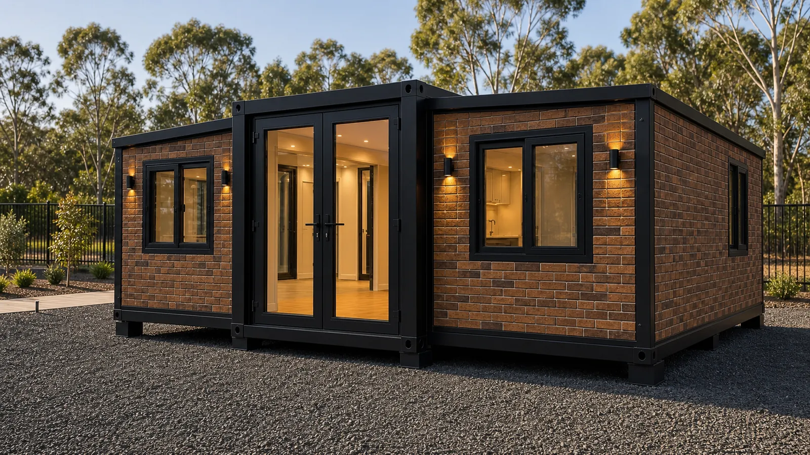 The brick look expandable home at dusk with the interior lit, glazed double doors between two black framed windows and wall lights either side