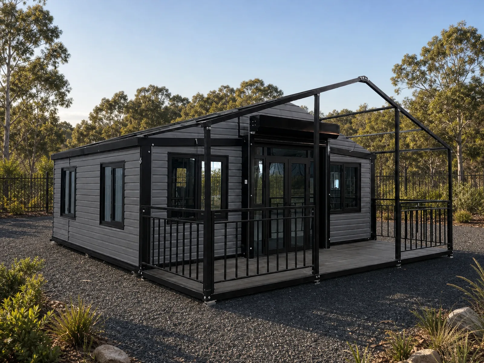 Grey weatherboard version of the expandable home with a black steel verandah frame and balustrade wrapping the entry deck