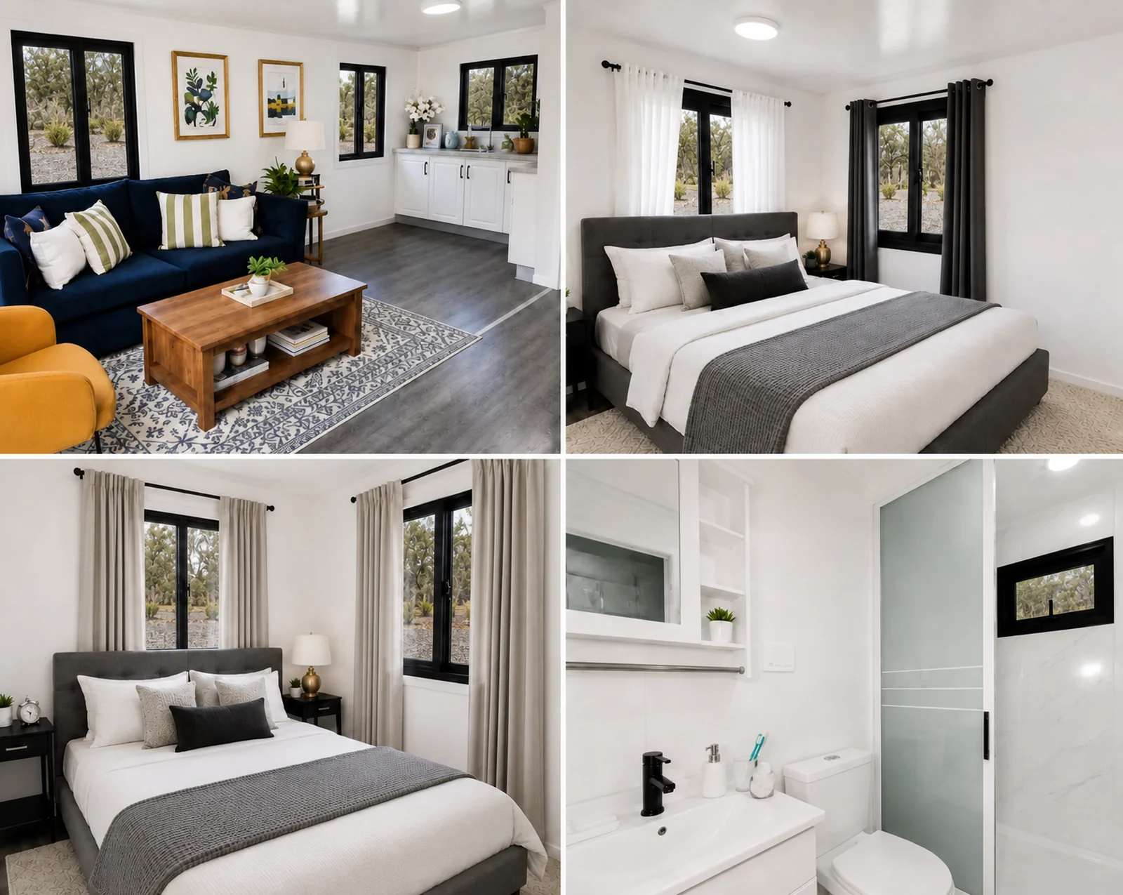 Four interior views of the expandable home, a navy sofa lounge with kitchen behind, two furnished bedrooms and a bathroom with vanity and toilet