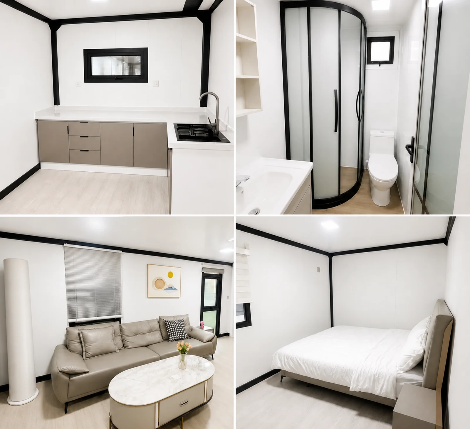 Four more interior views, a kitchenette with sink, a corner shower and toilet, a lounge with sofa and coffee table and a single bedroom