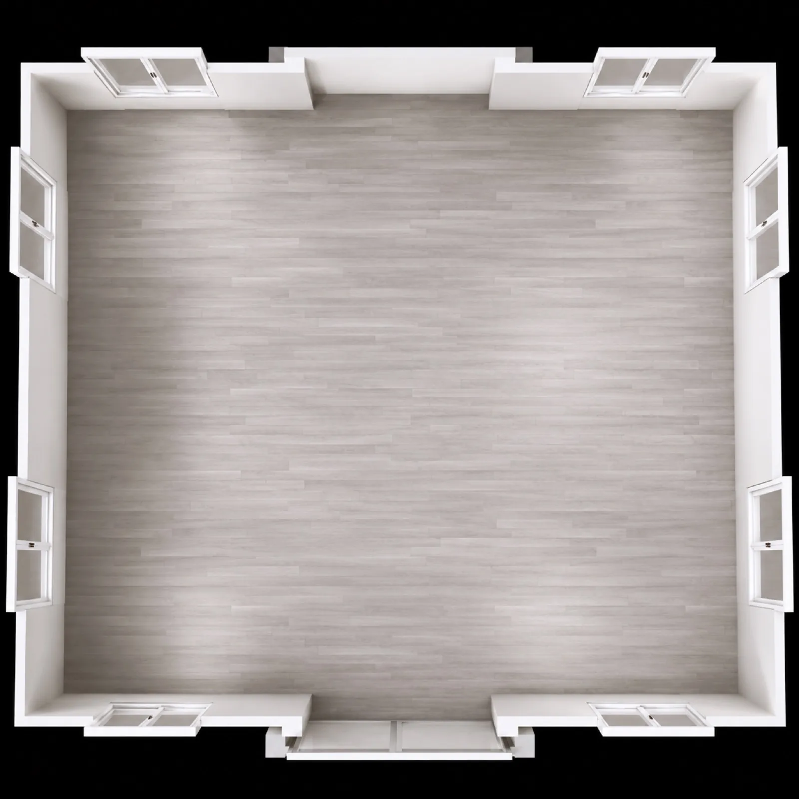 Empty shell layout of the deployed unit, a single open square room with windows on all four walls and the entry doors on the front