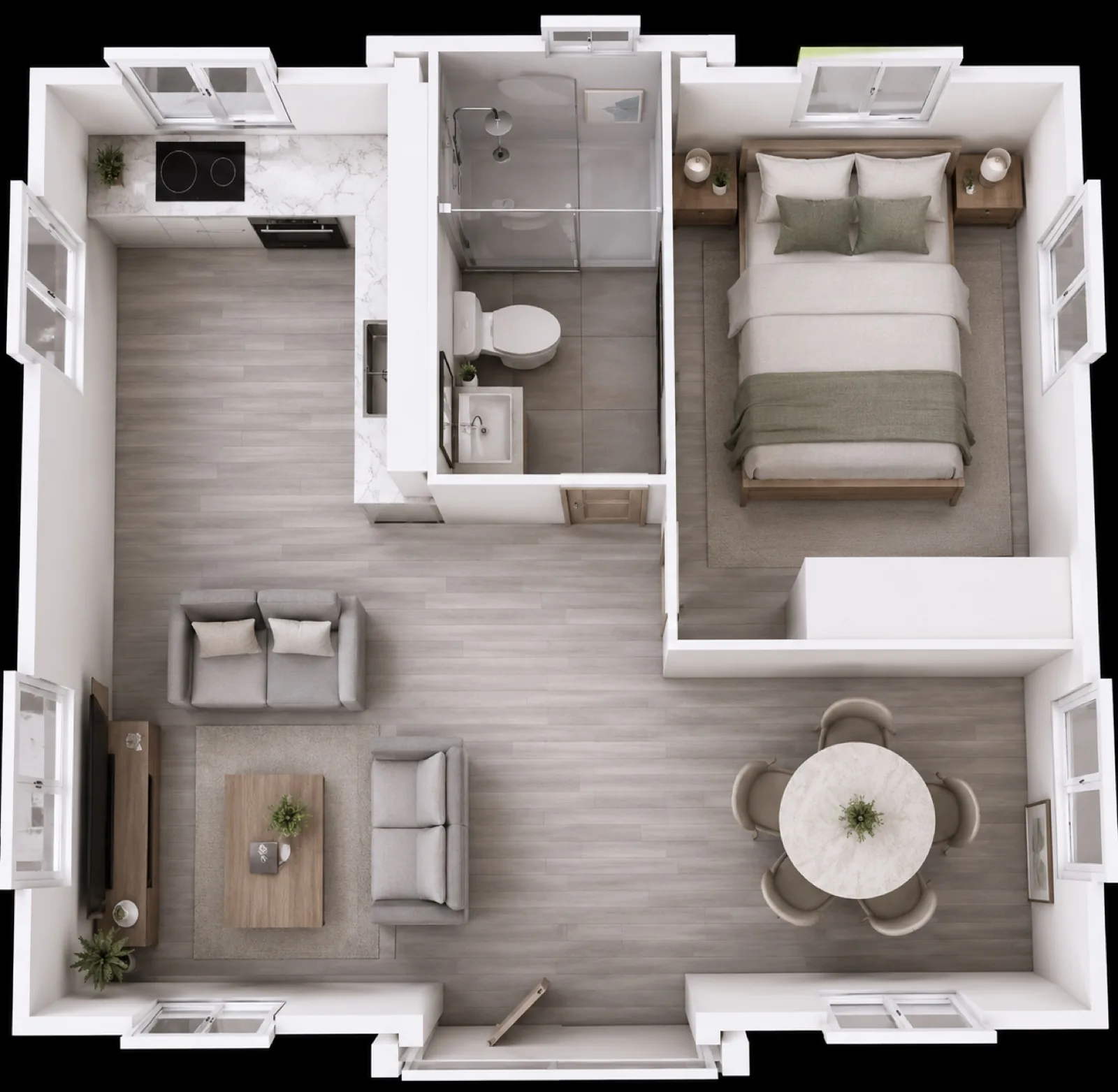 One bedroom layout, kitchen and bathroom along the back wall, a bedroom in the top right corner and open lounge and dining across the front