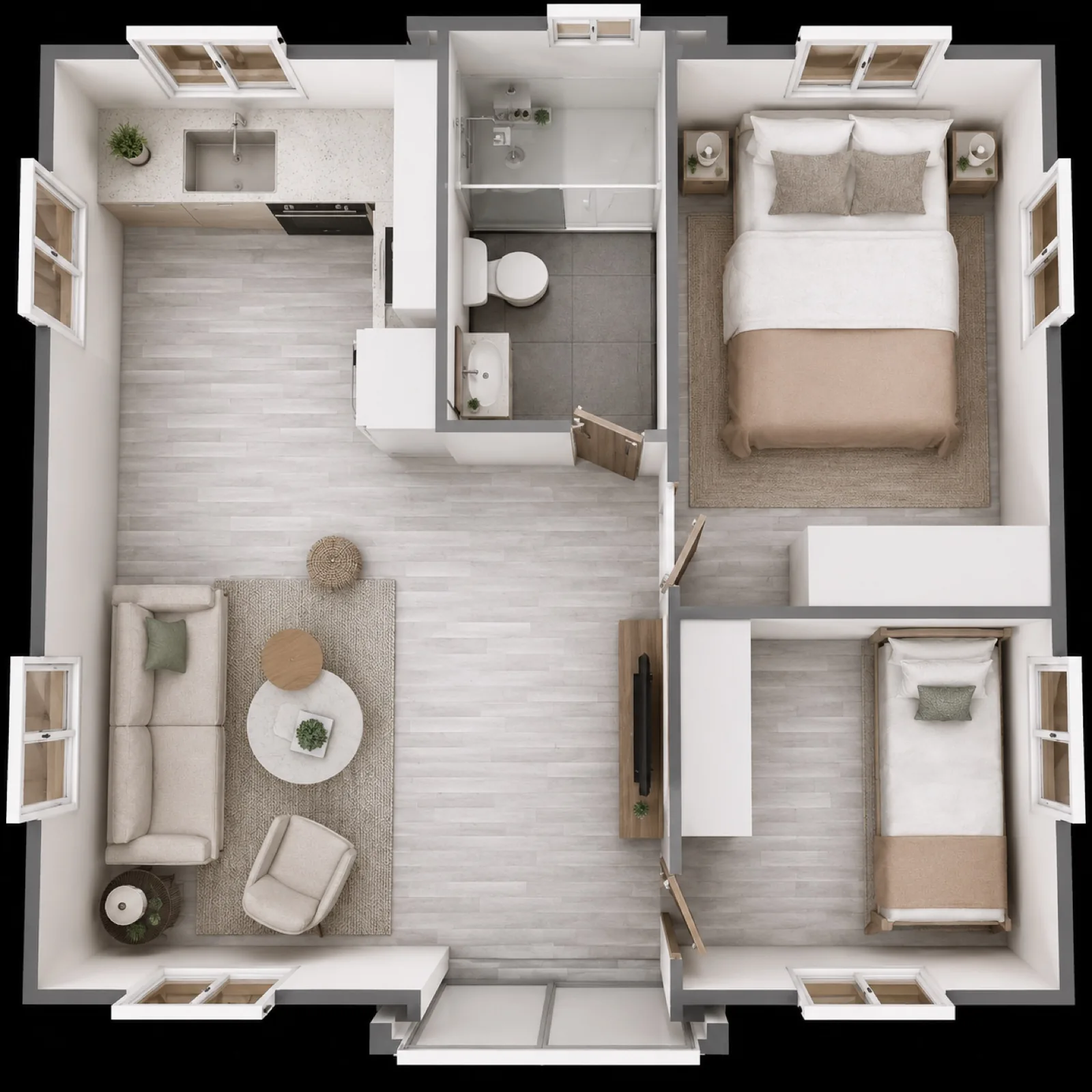 Two bedroom layout, kitchen and bathroom along the back, a double bedroom and a single bedroom down the right side and a lounge on the left