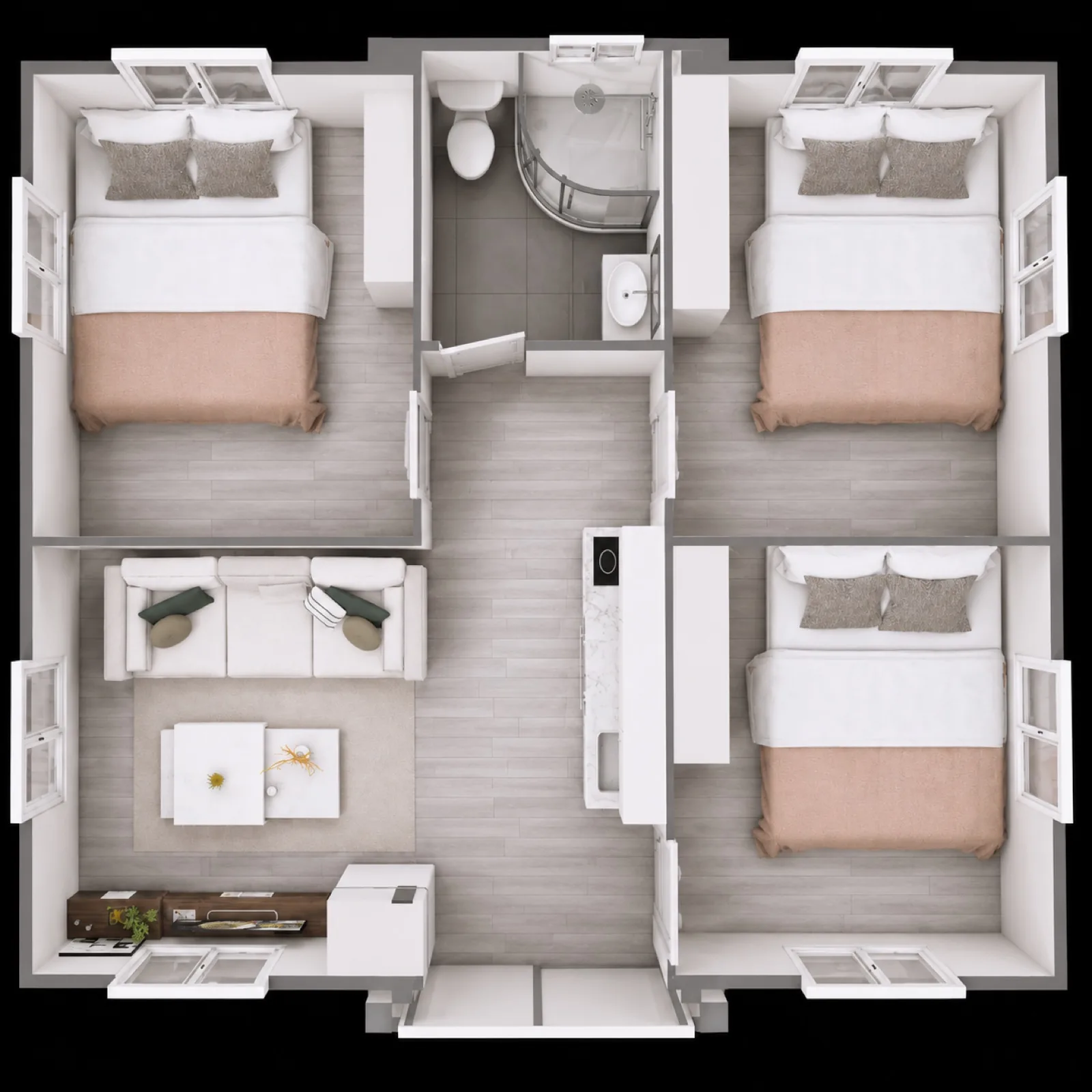 Three bedroom layout, three double bedrooms around a central bathroom with the lounge and kitchen in the bottom left corner