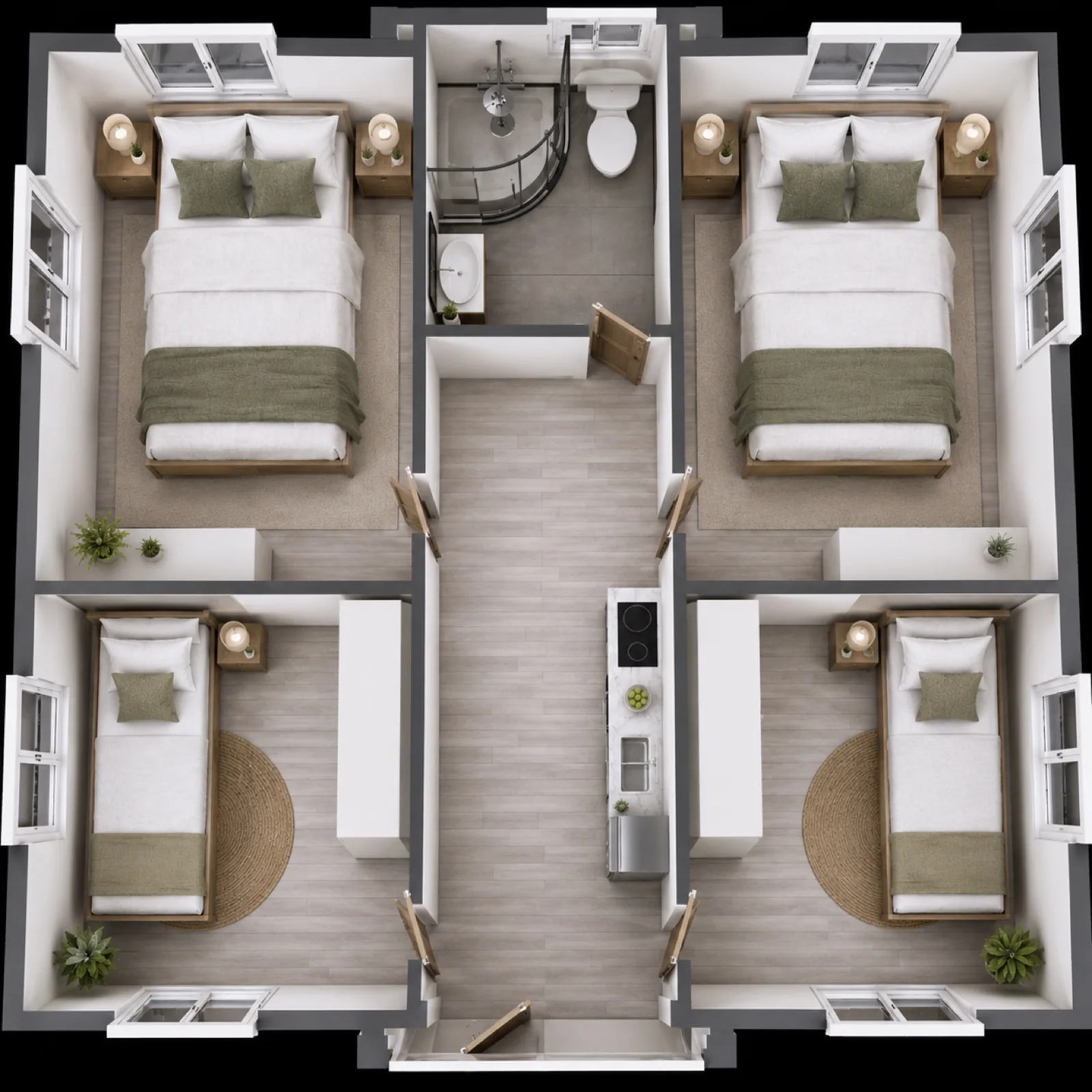 Four bedroom layout, two double bedrooms and two single bedrooms in the four corners with a central corridor and shared bathroom