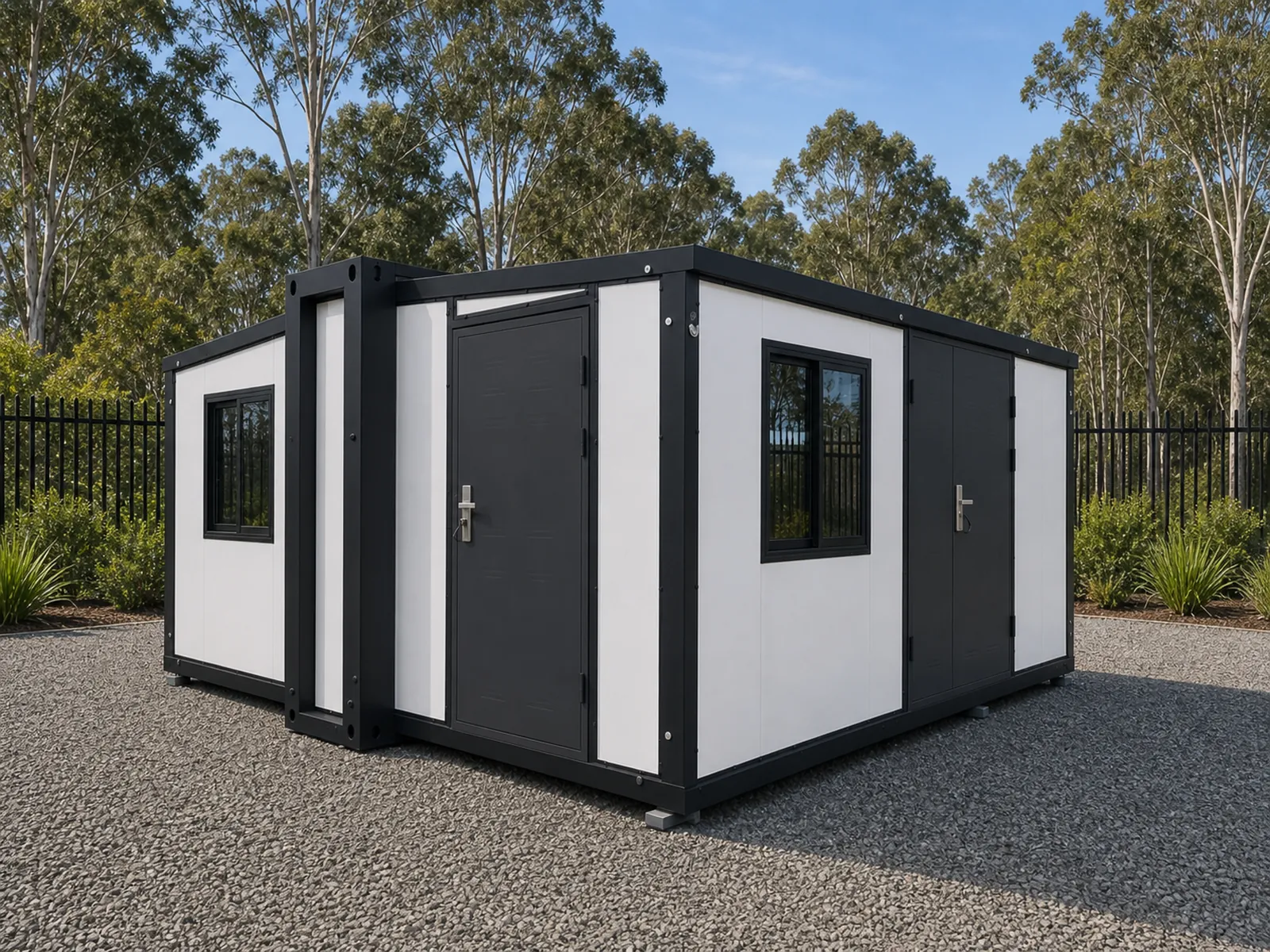 Black and white version of the cabin part opened, showing the hinged end panels swinging out from the shipping box