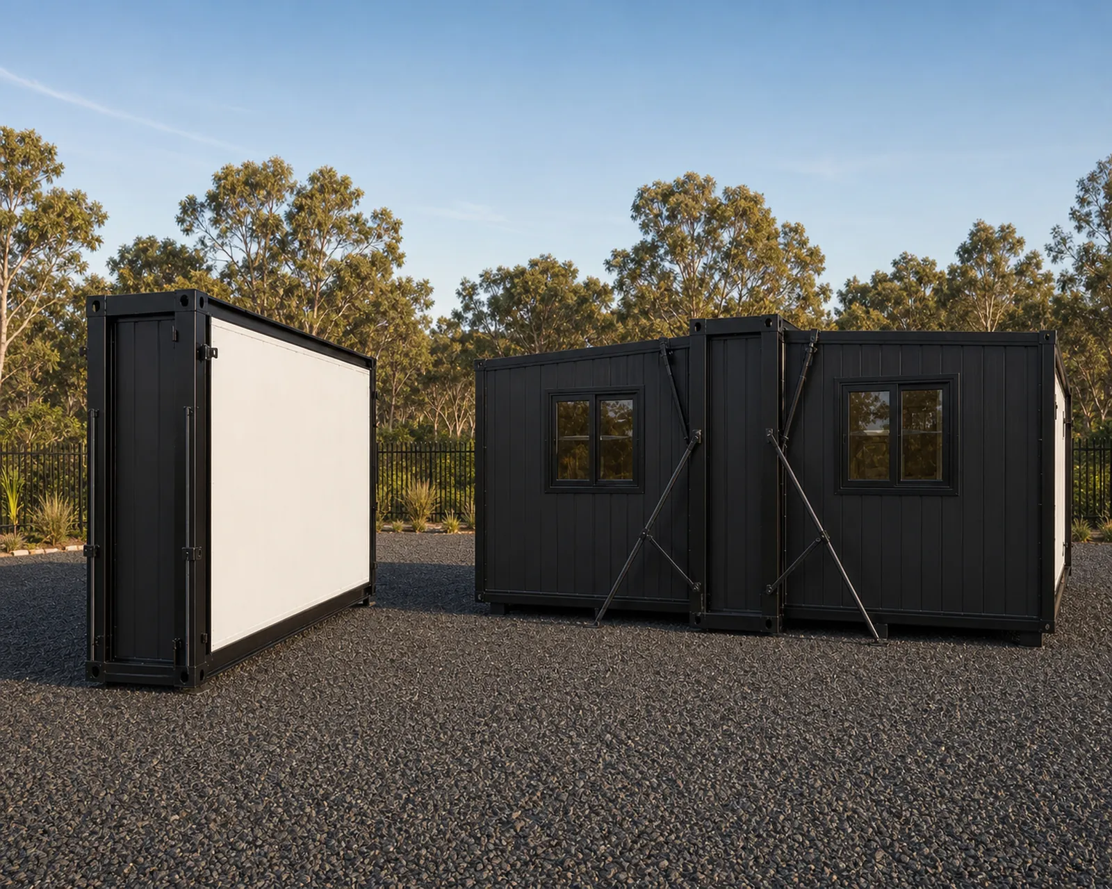 Two dark cabins mid deployment on a gravel pad, hinged floor and wall panels braced open before the shell is closed up