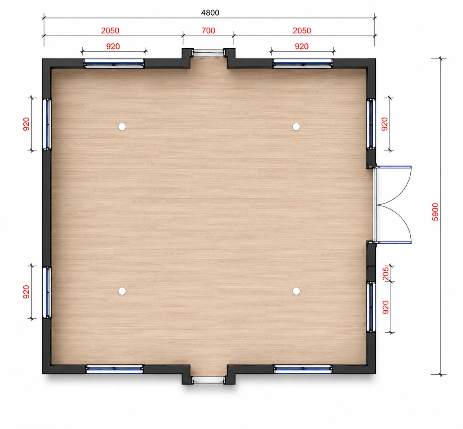 Open shell layout, 4,800 by 5,900 mm deployed, one clear room with 920 mm windows on each wall and double doors on the right