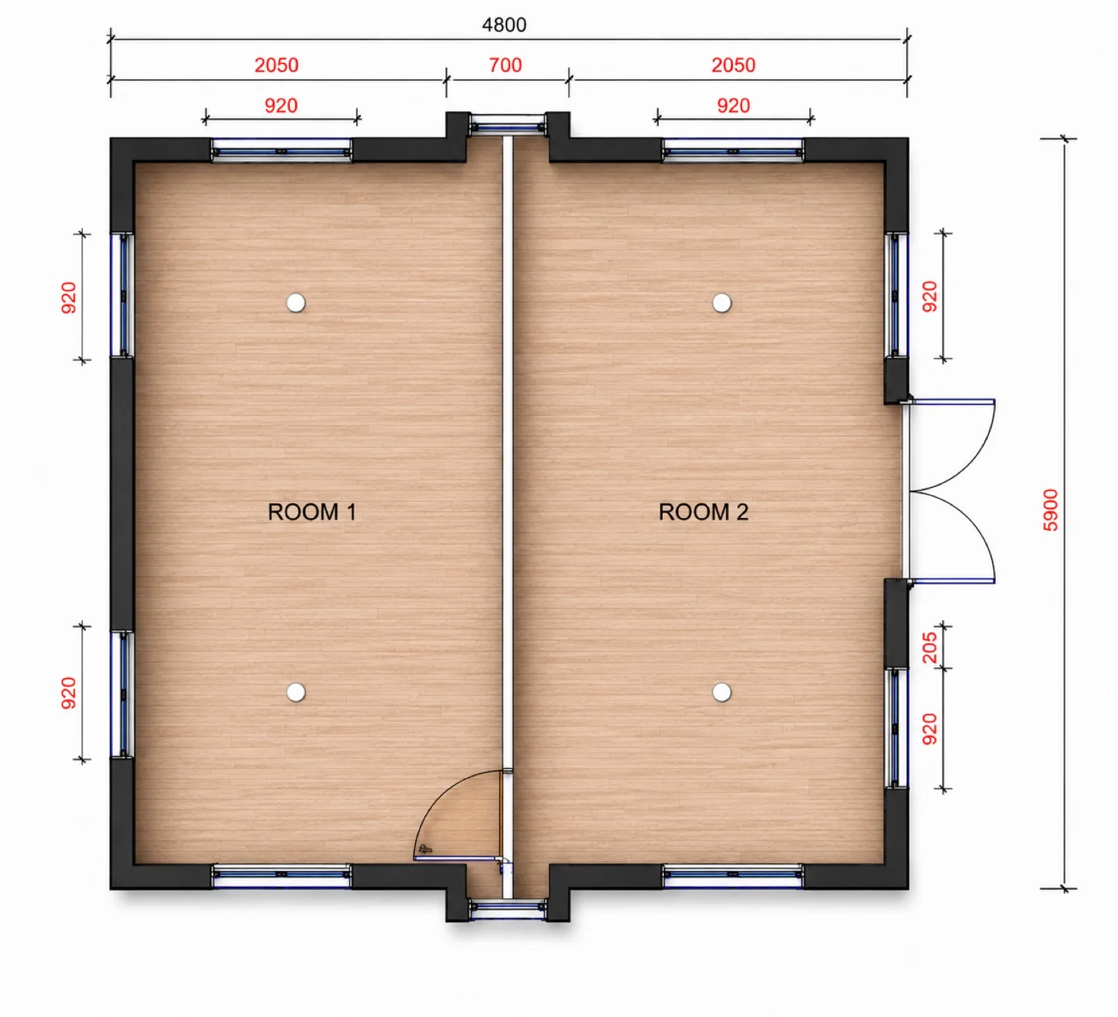 Two room layout, 4,800 by 5,900 mm split down the middle into Room 1 and Room 2, each with its own windows