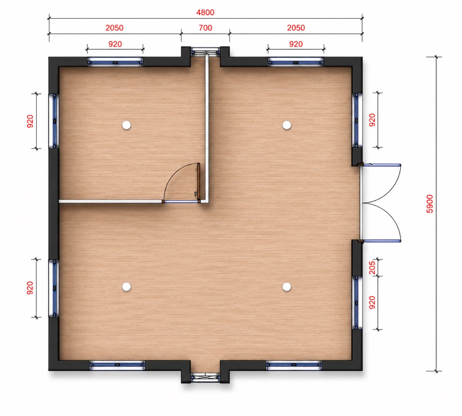 One room layout, 4,800 by 5,900 mm with a small partitioned room in the top left corner and the rest left open