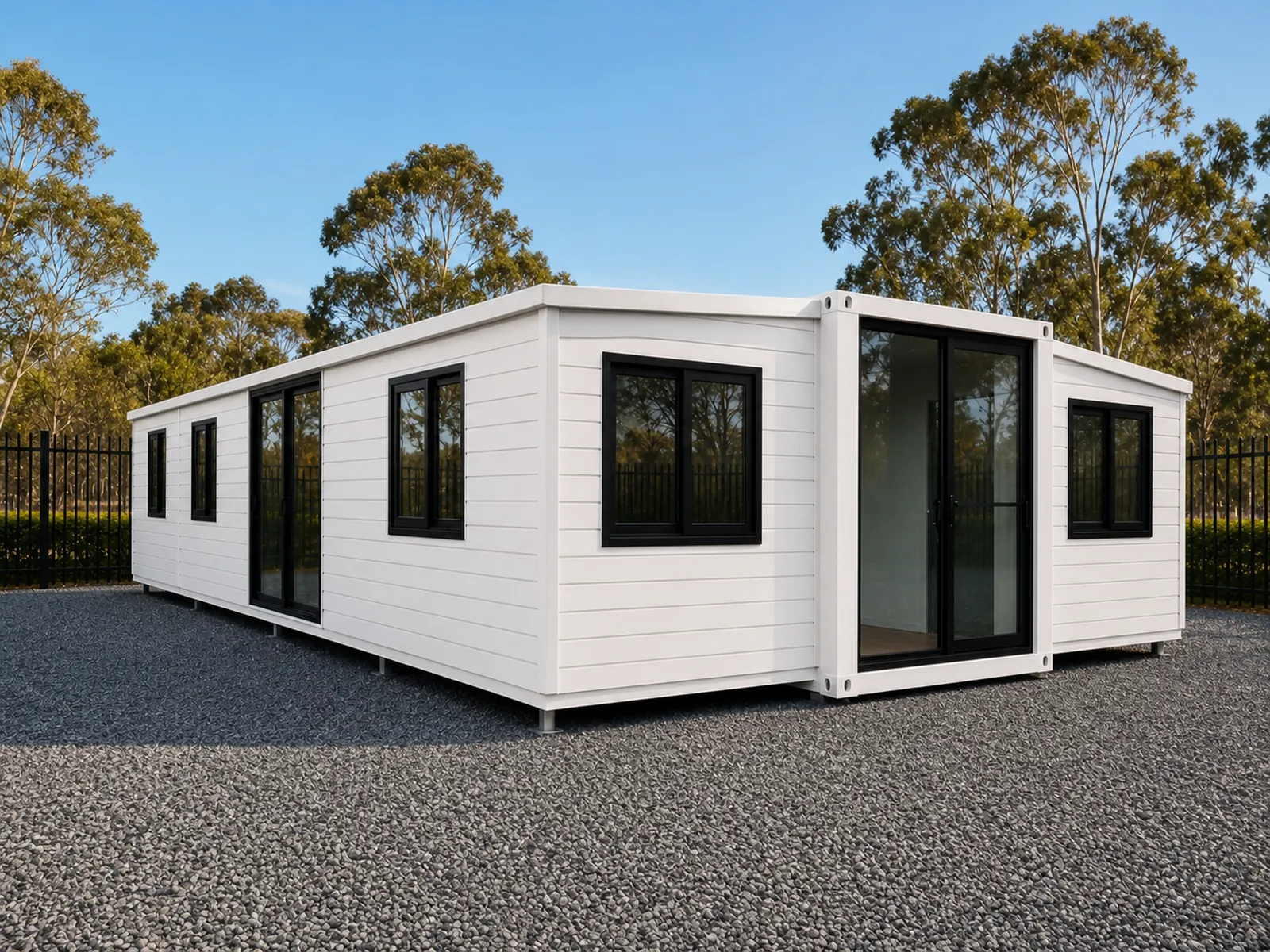White EX30 expandable home fully unfolded with weatherboard cladding, black framed sliding doors in the centre bay and windows in each wing, on a gravel pad
