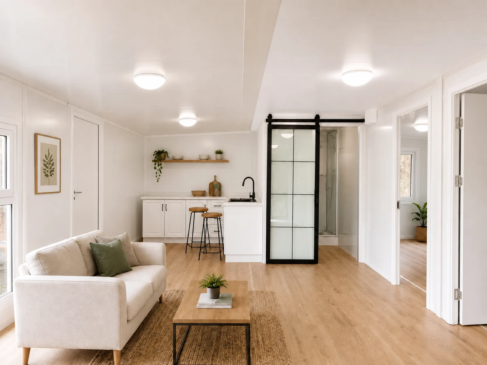 Interior of a 9 metre expandable home showing a lined ceiling, living area, kitchenette, and a glazed sliding door to the bathroom with a bedroom beyond