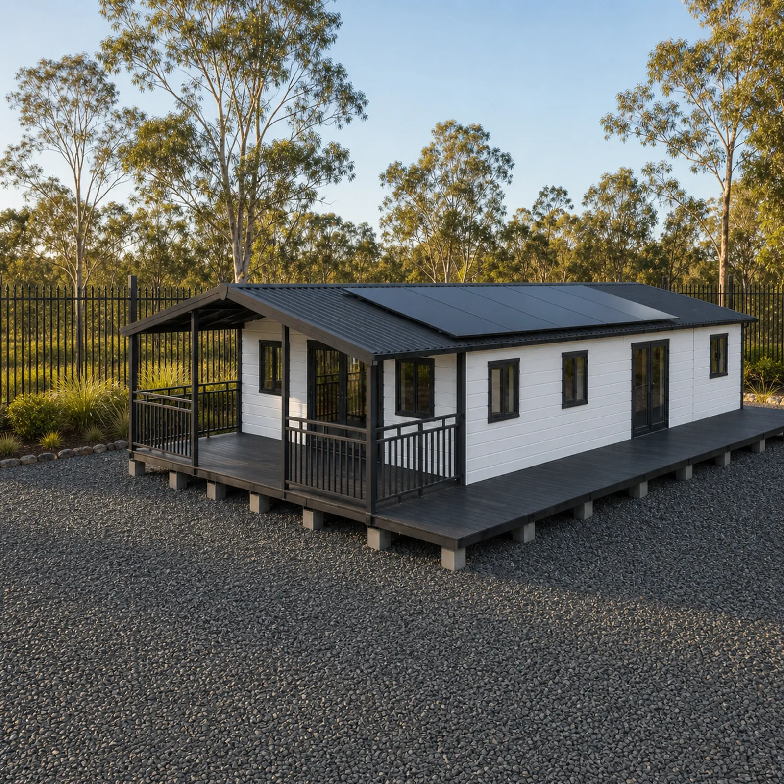 White EX40 expandable home with a black skillion roof carrying solar panels, a covered veranda with a black balustrade and a timber deck running the full length