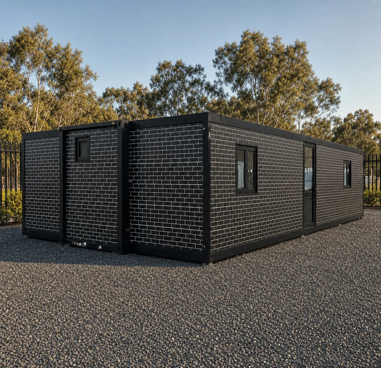 Black brick look version of the 11.8 m home from the closed end, the fold out wings shut flat for transport on a gravel pad