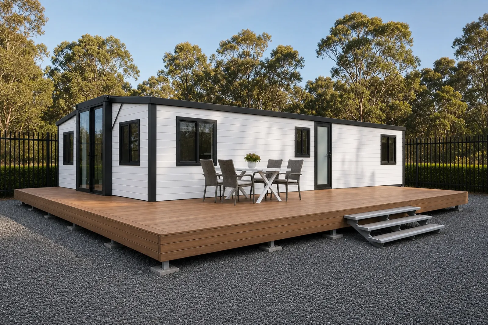 The 11.8 m home opened out beside a large timber deck with an outdoor table and chairs and steps down to the gravel