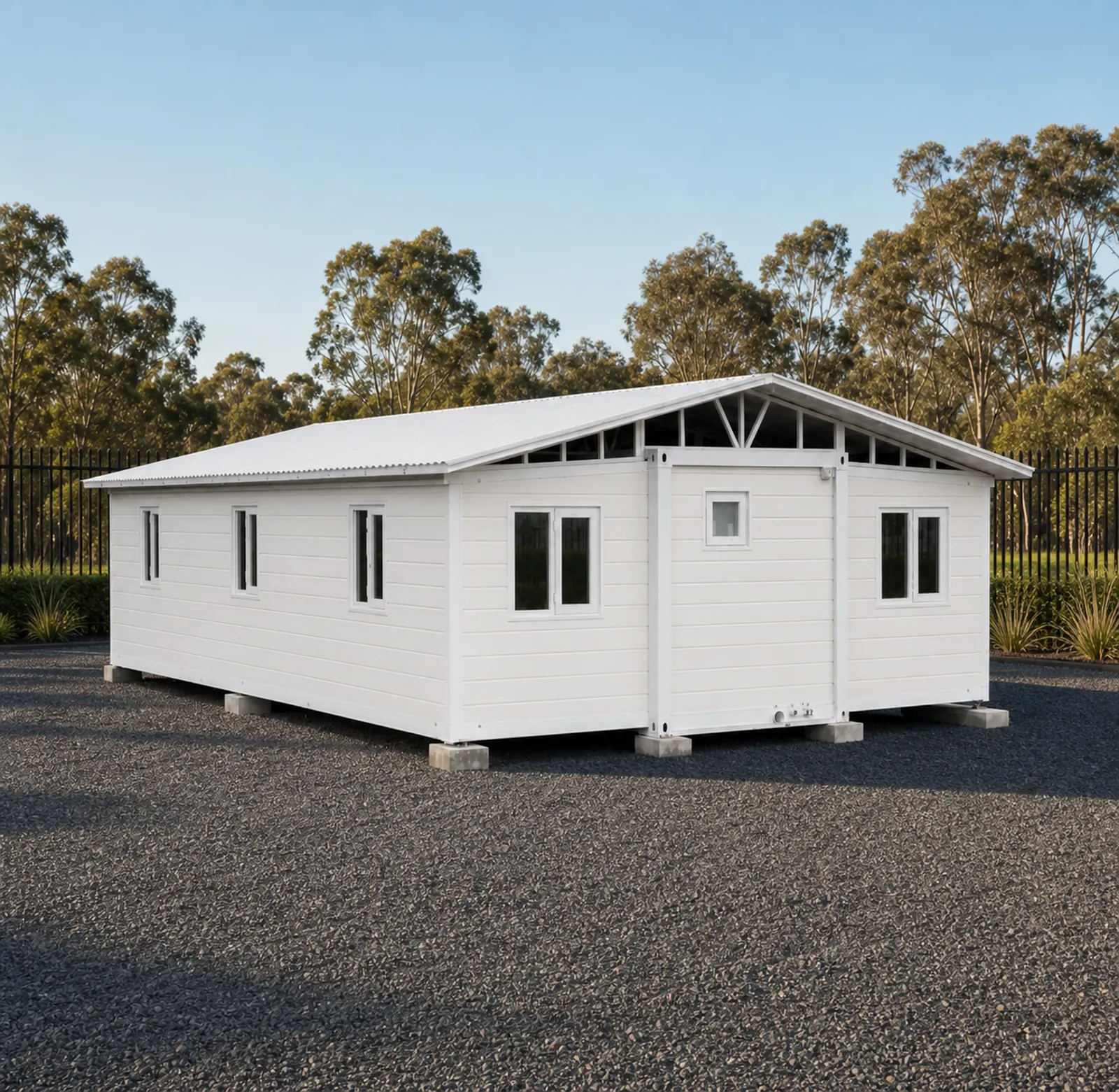 White weatherboard 11.8 m home from the gable end, showing the exposed truss detail and the folded wing panels