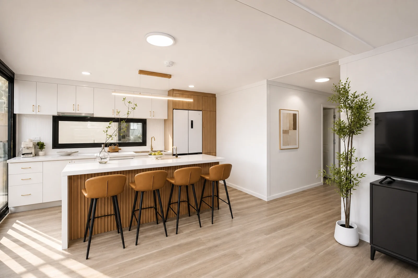 Kitchen inside the 11.8 m home, white cabinets with a timber fronted island, four tan bar stools, a window splashback and a tall fridge
