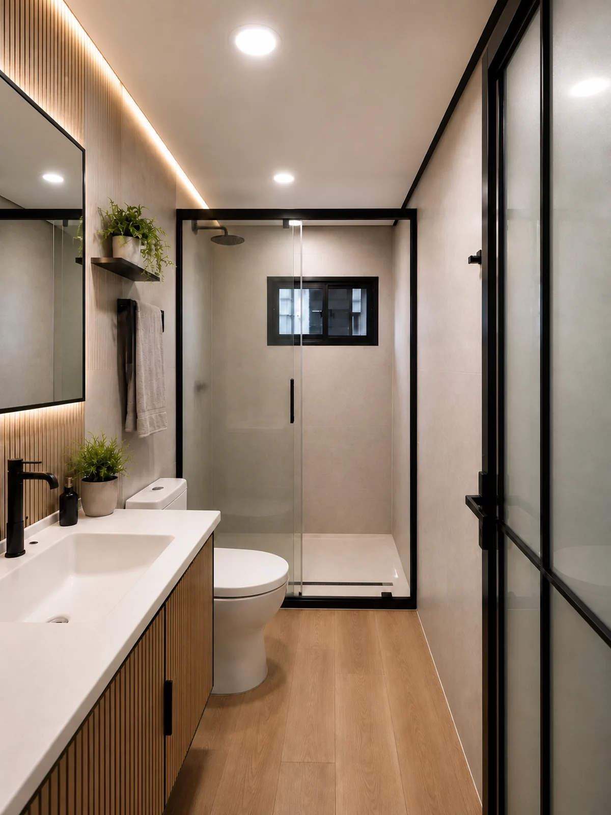 Bathroom in the 11.8 m home, fluted timber vanity with a long basin, backlit mirror, toilet and a glass screened shower