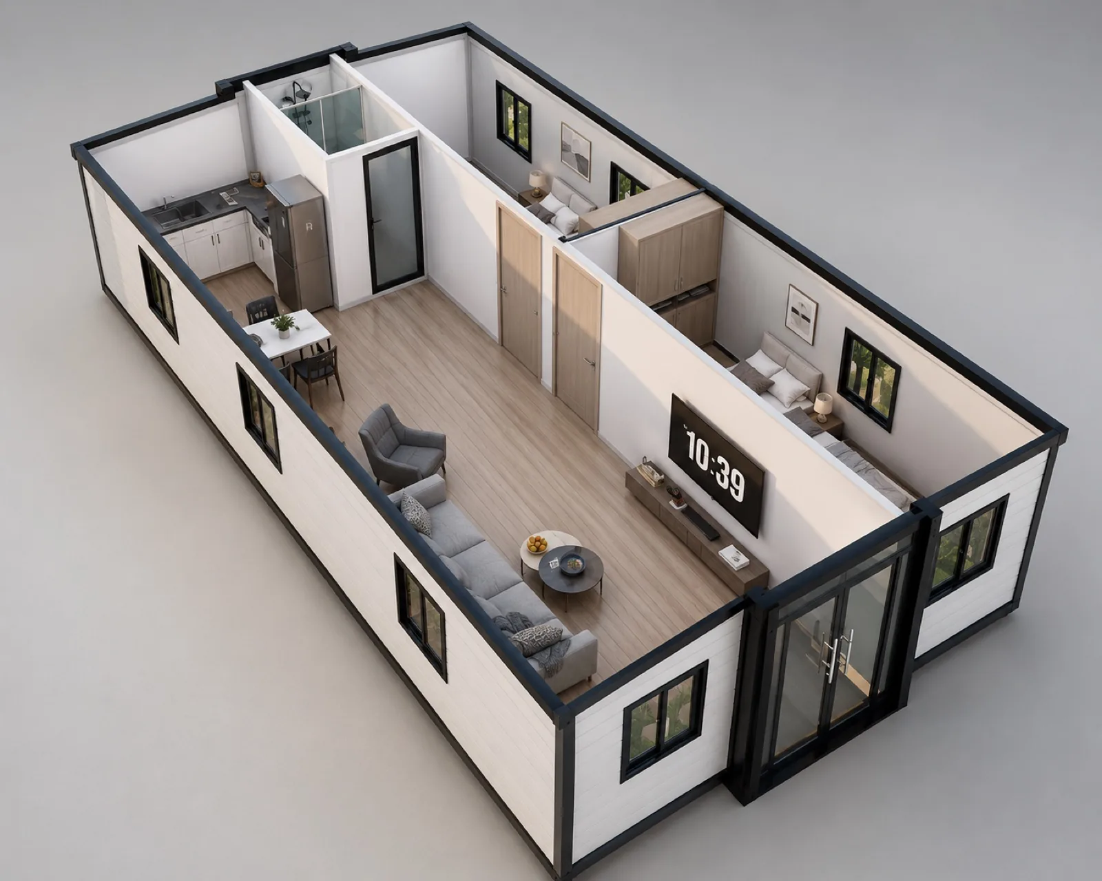 Overhead cutaway of the 11.8 m home, kitchen and bathroom at the closed end, two bedrooms off a central hall and a lounge at the glazed end