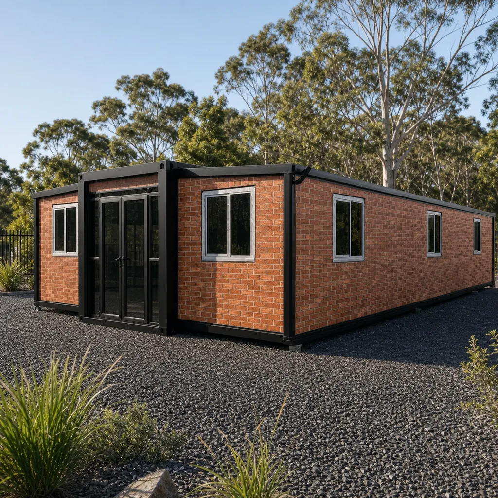 Red brick look 11.8 m home on gravel, glazed double doors in the projecting wing with a row of windows down the long wall