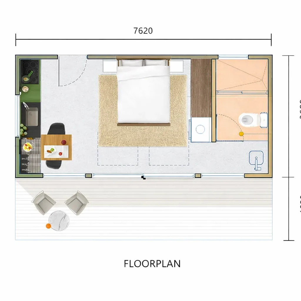 Layout 7,620 mm wide, kitchen along the left wall, a double bed in the centre, bathroom with toilet and basin on the right and a deck across the front