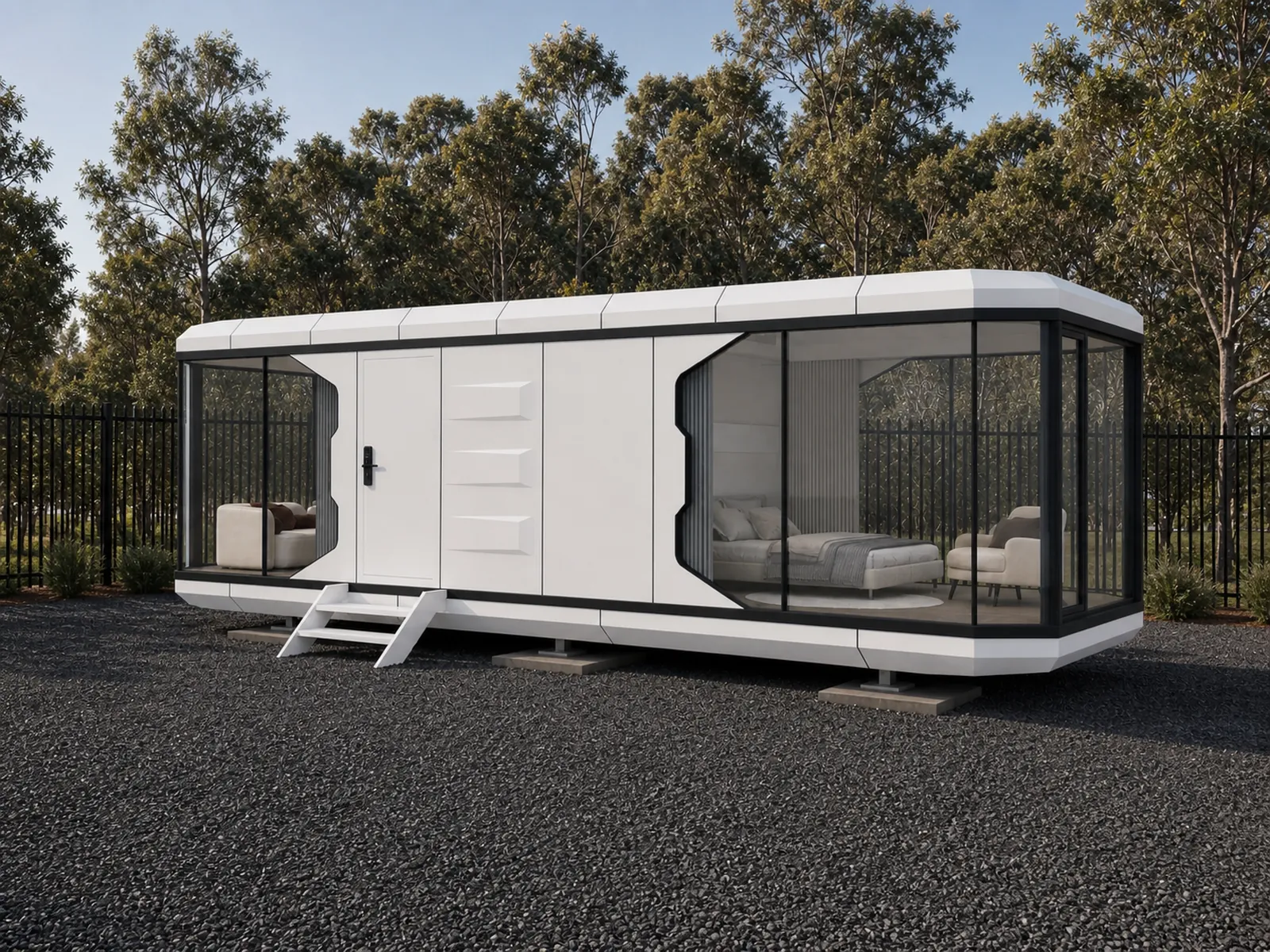 The 10 m capsule home on a gravel pad among gum trees, curved white shell with full height glazing showing the lounge at one end and the bed at the other