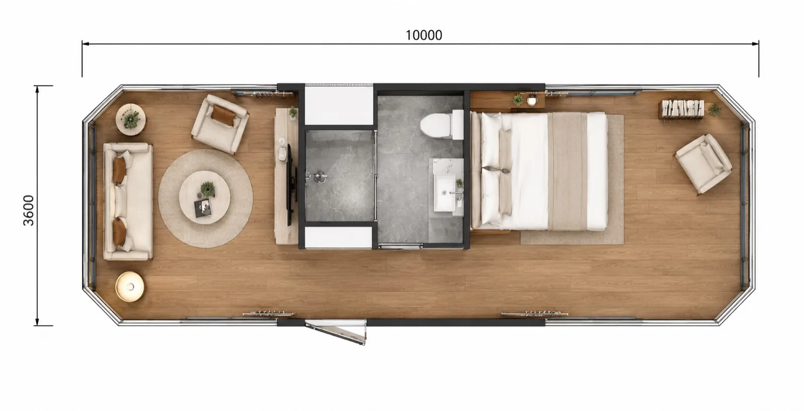 Layout 10,000 by 3,600 mm, lounge with sofa and dining table at the left end, bathroom and kitchen through the middle and a double bedroom at the right end