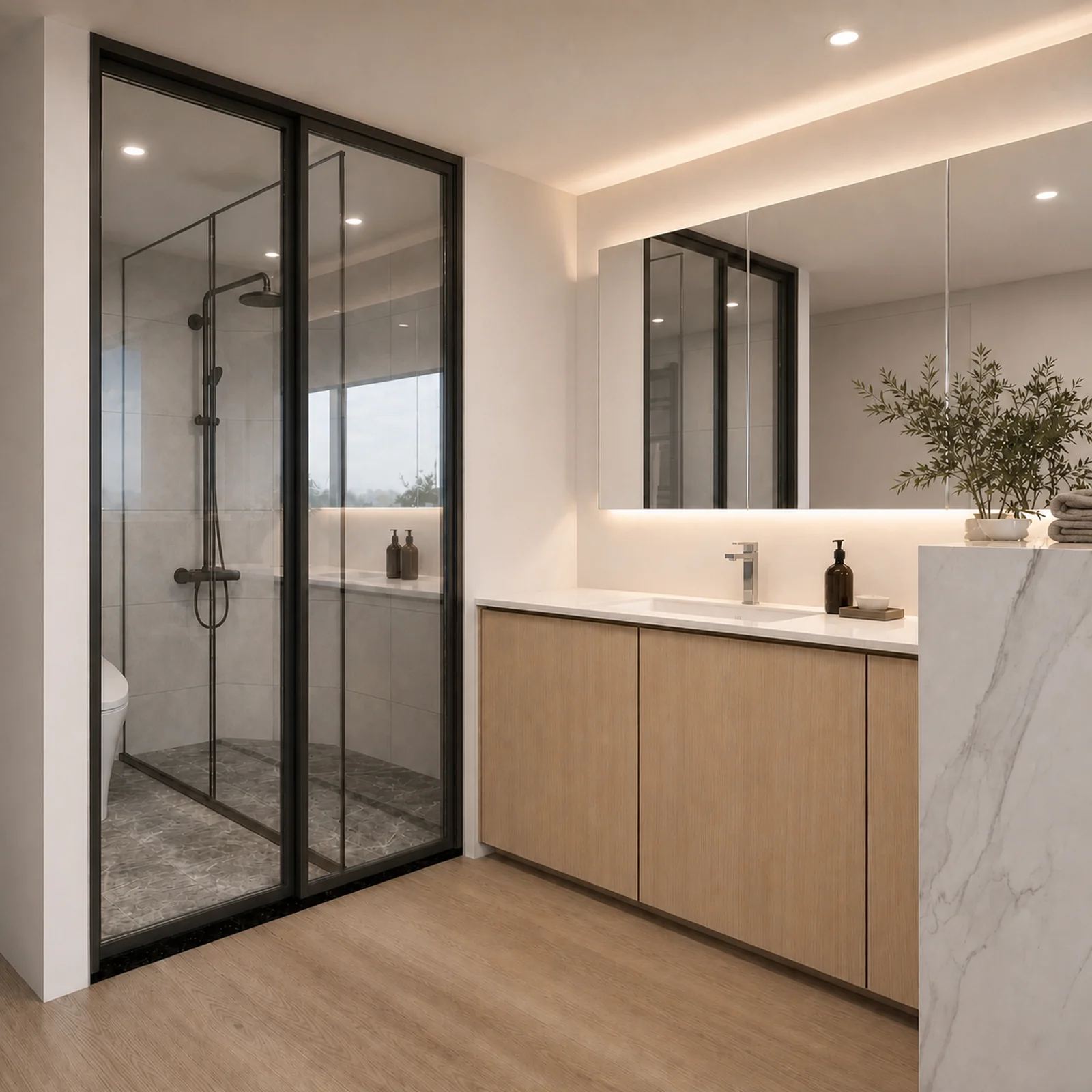 Bathroom in the flat pack capsule, walk in shower behind black framed glass, timber vanity with a pale top and a backlit mirror above
