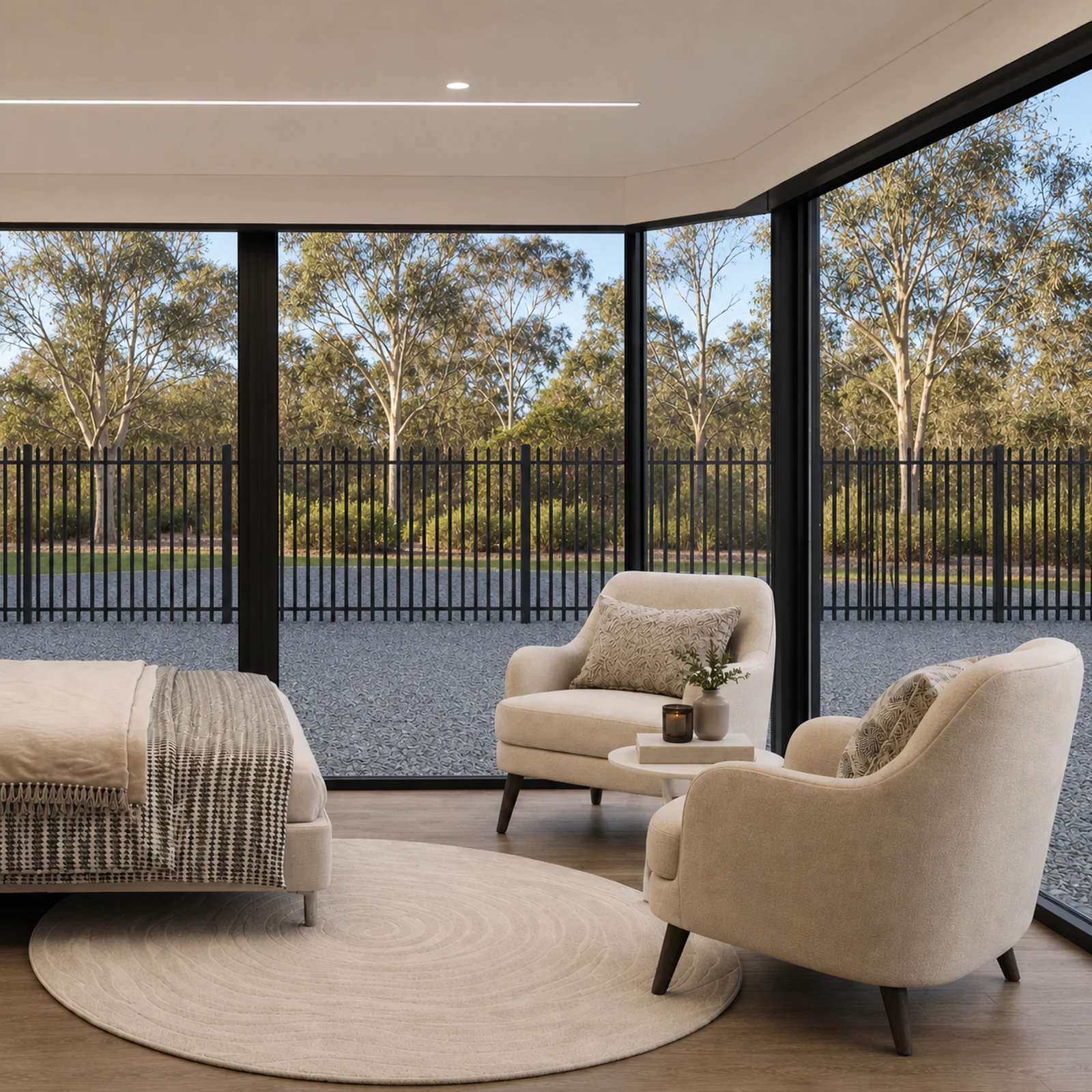 Living end of the flat pack capsule, two cream armchairs and a daybed on a round rug inside the full height glazed corner looking out to gum trees