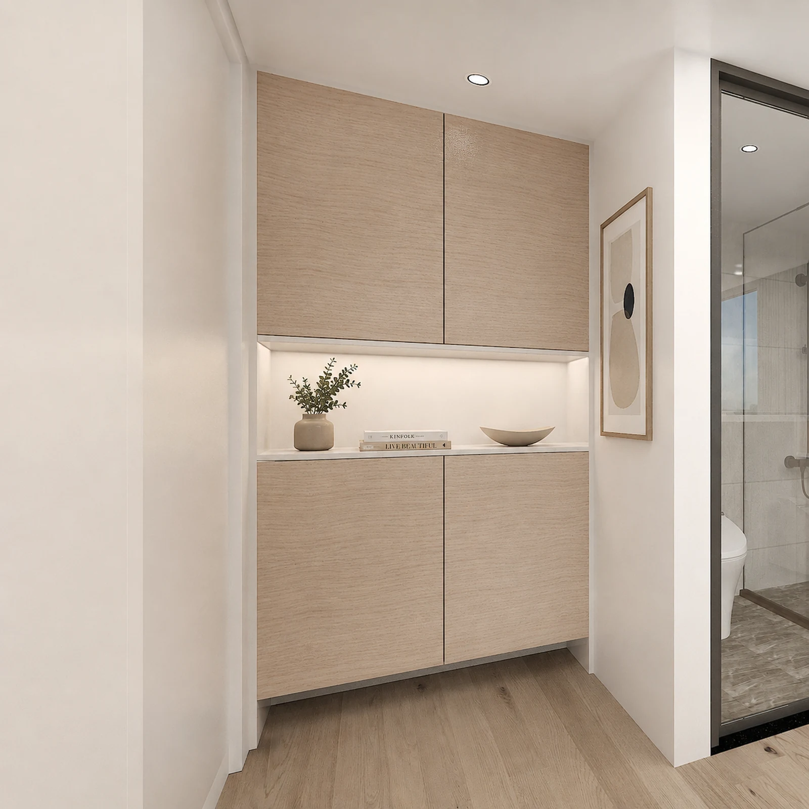 Inside the MD27 flat pack capsule, full height oak storage wall with a lit display shelf and the bathroom through the opening