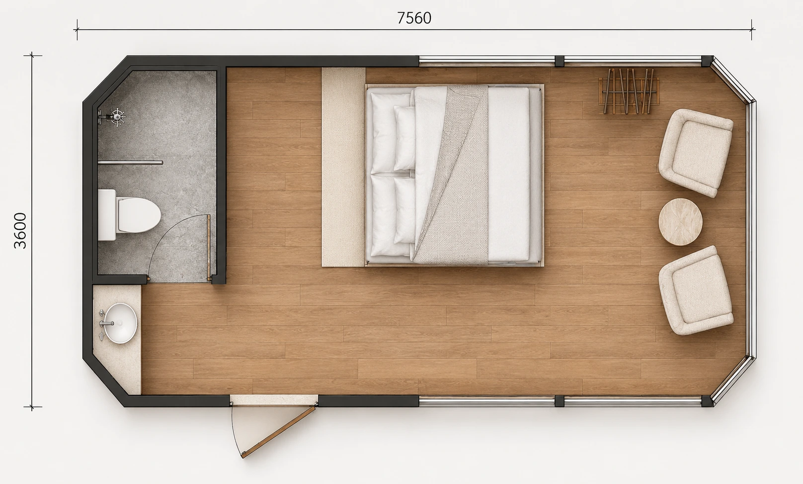Dimensioned layout, 7,560 by 3,600 mm, showing the bathroom and vanity at the entry end, the bed in the centre and the seating area at the glazed end