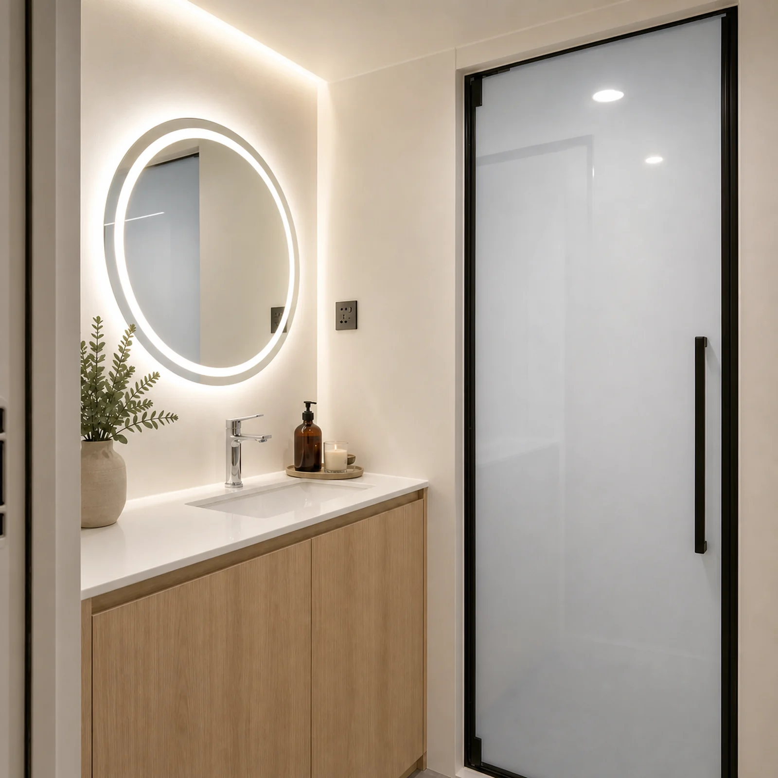 Bathroom in the capsule studio, timber vanity with a pale top under a round backlit mirror beside a frosted glass shower door
