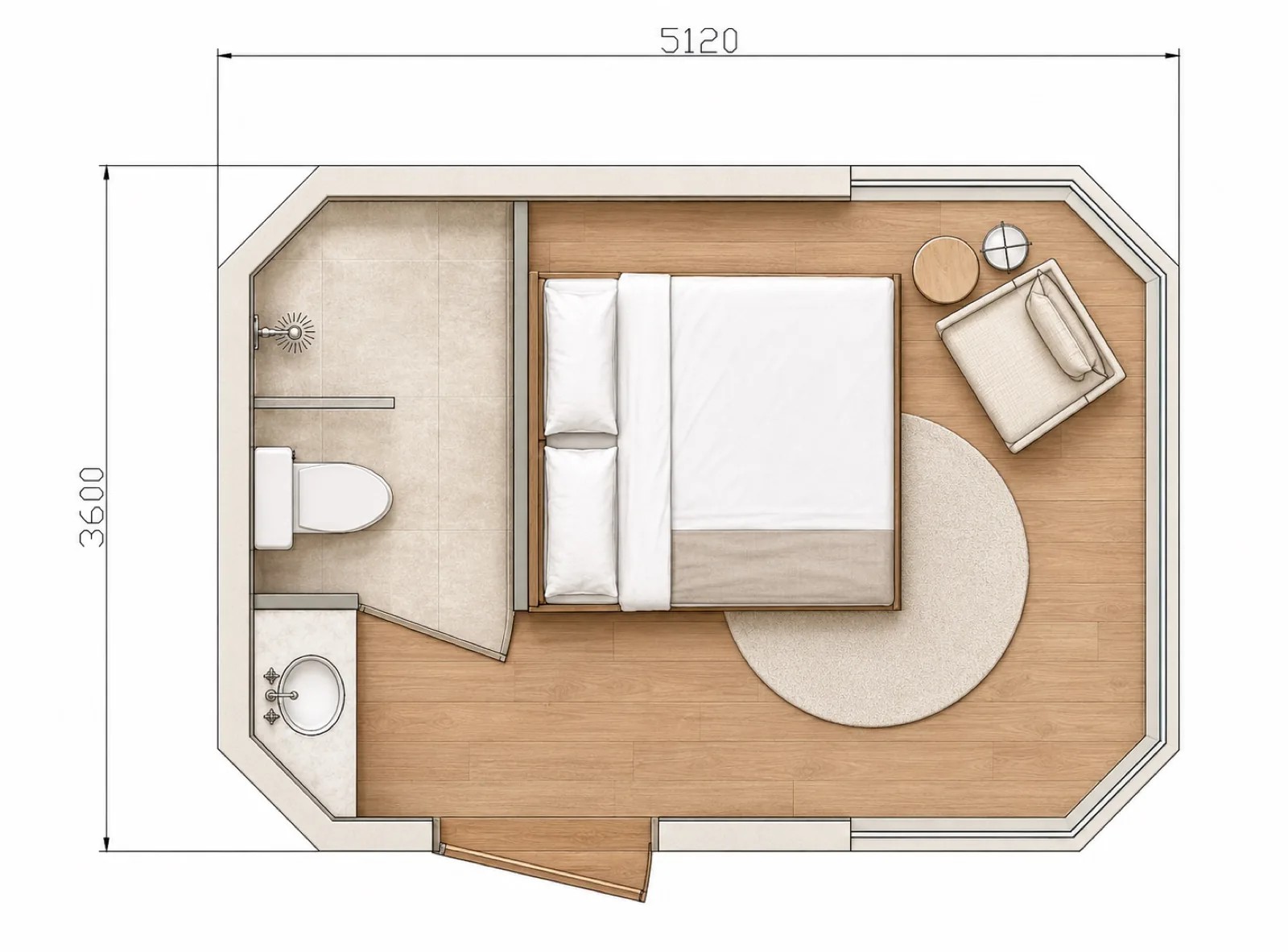 Dimensioned studio layout, 5,120 by 3,600 mm overall, shower, toilet and basin down the left wall and a double bed with a lounge chair in the open zone
