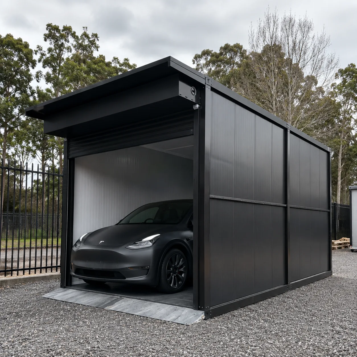 Single bay folding garage finished in black with the roller door up and a car parked inside, standing on a gravel pad