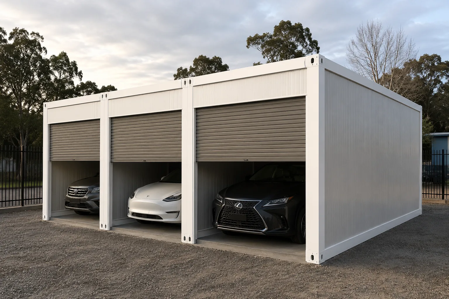 Three bay modular garage in white with three roller doors part raised and a car parked in each bay, standing on a gravel pad in front of gum trees