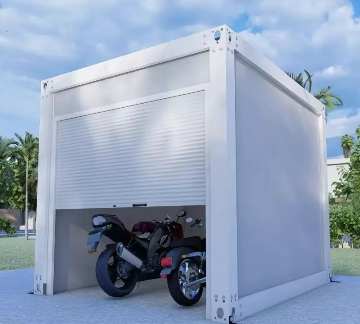 Single bay flat pack garage in white with the roller door part lowered over the opening and a motorcycle parked inside