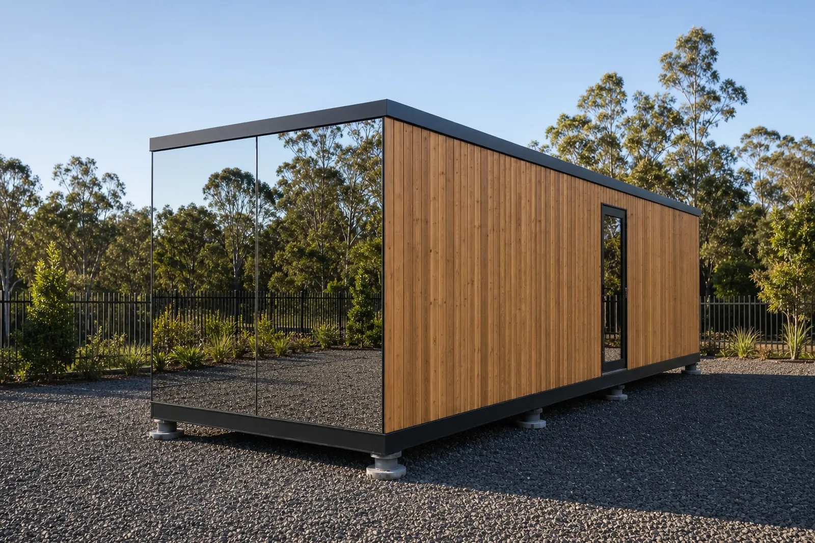 The 11.5 m mirror house from the corner, vertical timber cladding on one side and mirrored glass on the other, standing on adjustable feet on gravel