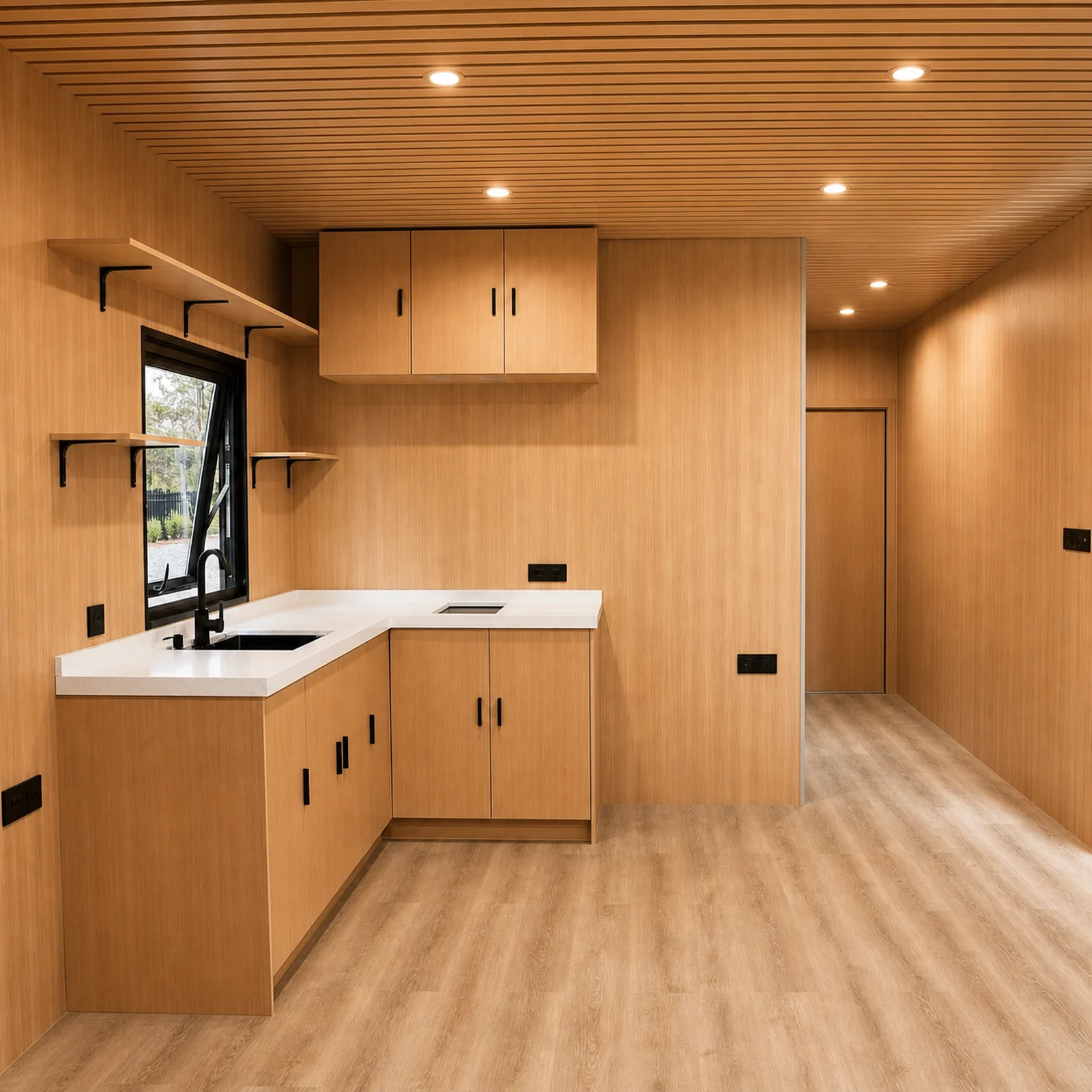 Kitchen inside the mirror house, oak fronted cabinets and open shelves along a slatted timber ceiling, white benchtop with an undermount sink