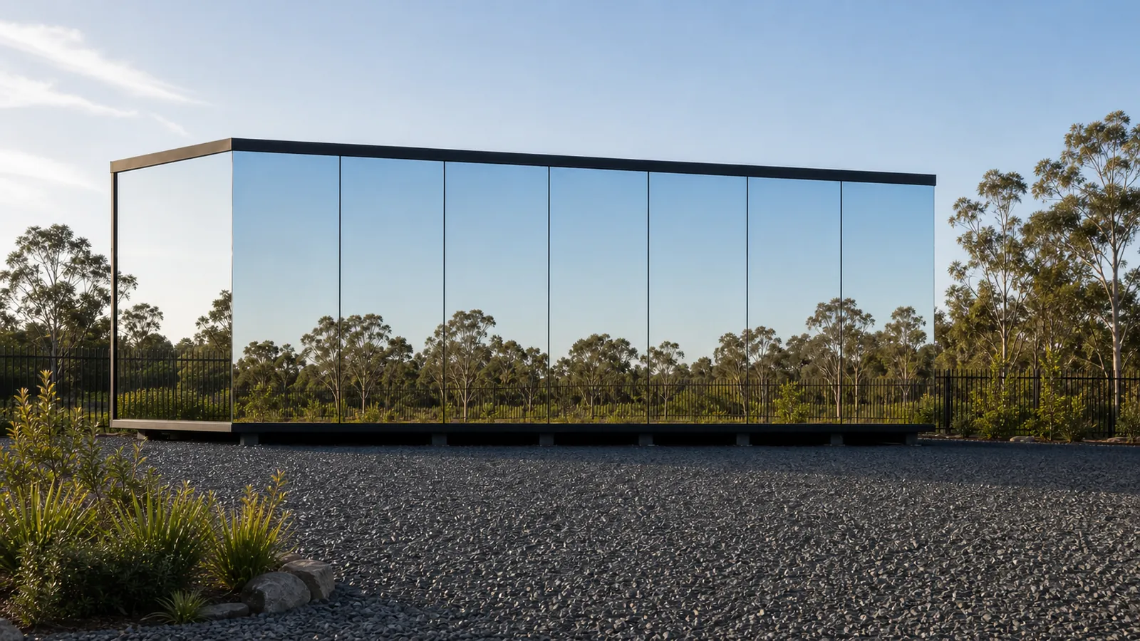 Wide 11.5 m mirror house on a gravel pad, the mirrored facade reflecting sky and gum trees with native planting along the base