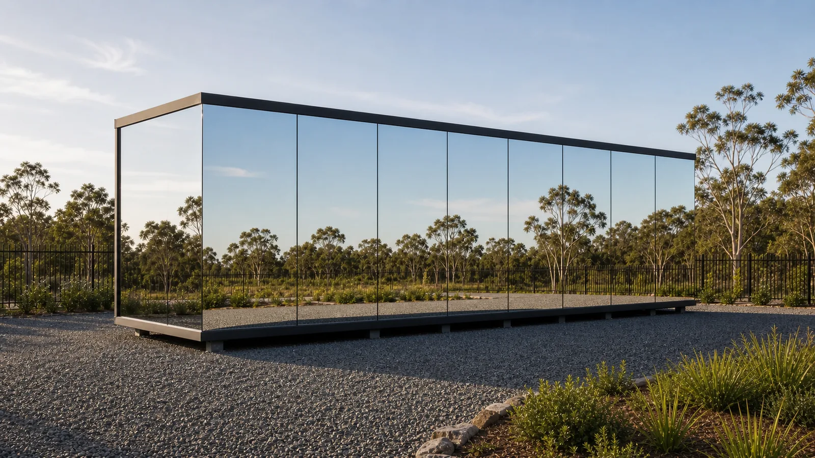 The wide mirror house from the corner, mirrored glass on both visible faces reflecting the treeline, sitting low on a black steel base