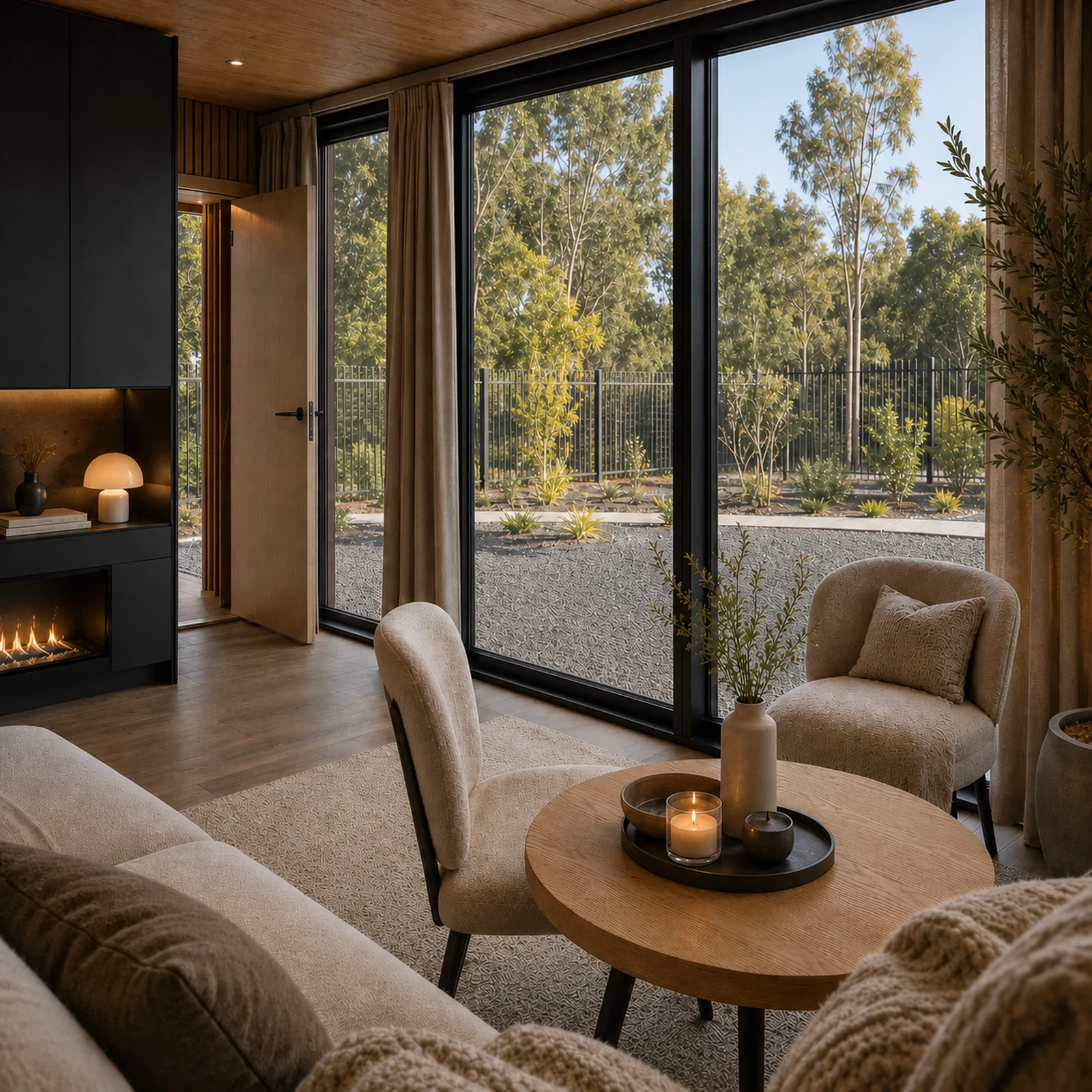 Lounge in the wide mirror house, two boucle armchairs and a round timber table beside a black inset fireplace and full height glazing