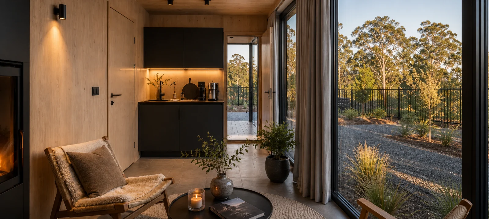 Living corner of the wide mirror house at dusk, timber lined walls, a black kitchenette, a fireplace and a sling chair by the open glazed wall