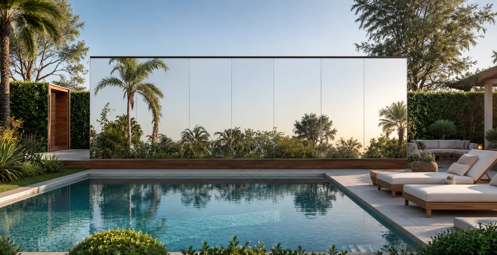 The wide mirror house beside a swimming pool, the full length mirrored wall reflecting palms and garden above a timber base, with a paved terrace and sun lounges alongside
