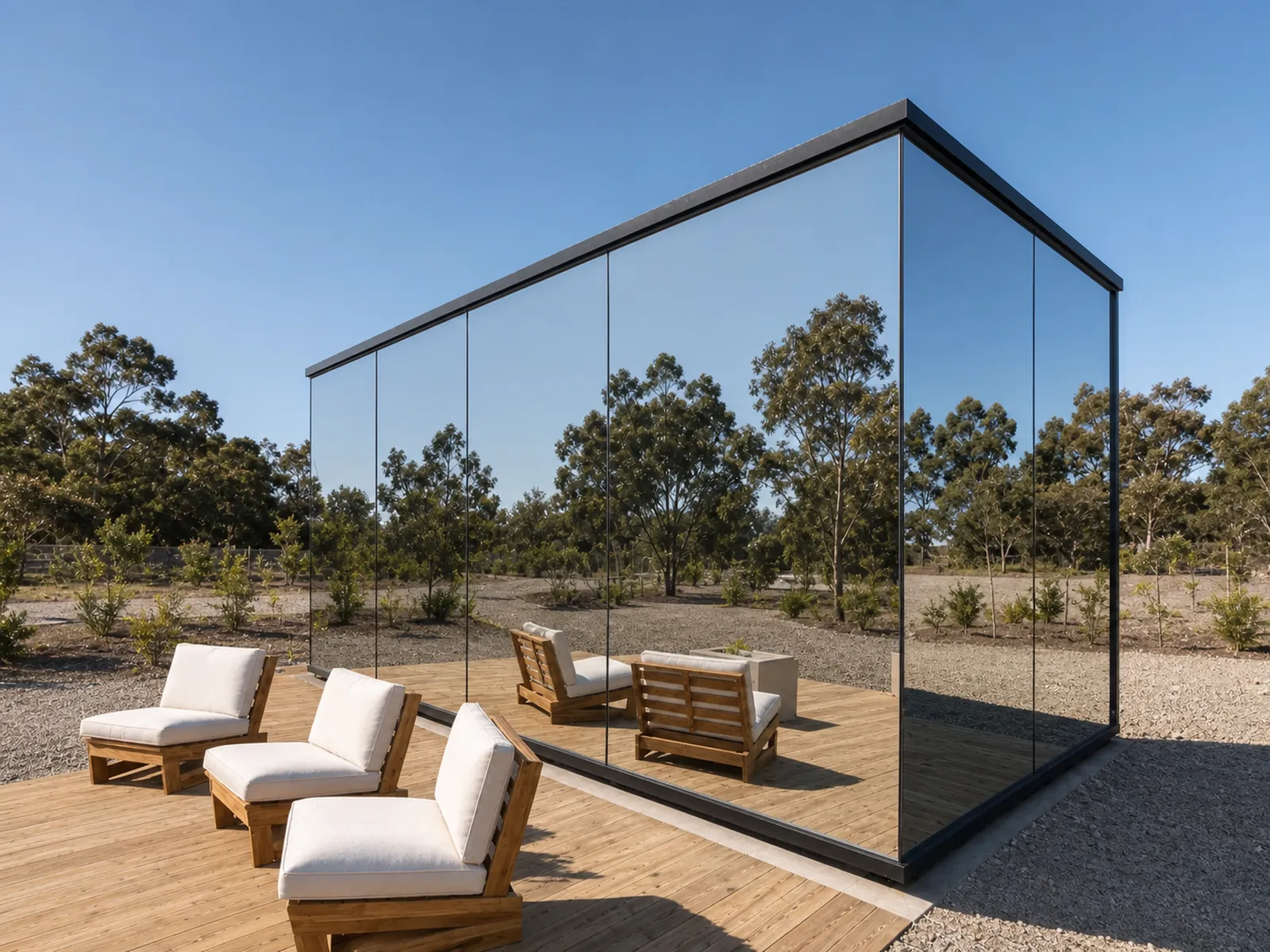 Mirror house with a full height reflective glass facade reflecting gum trees, on a timber deck