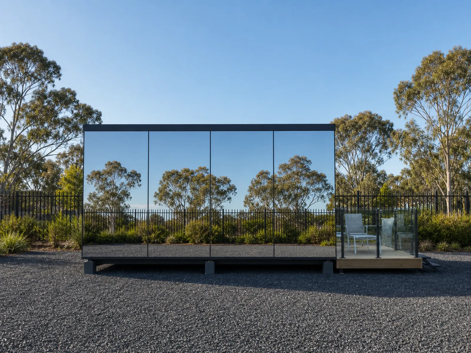 The wide 5.8 m mirror house square on, mirrored panels reflecting gum trees with a small glazed entry porch and step at one end