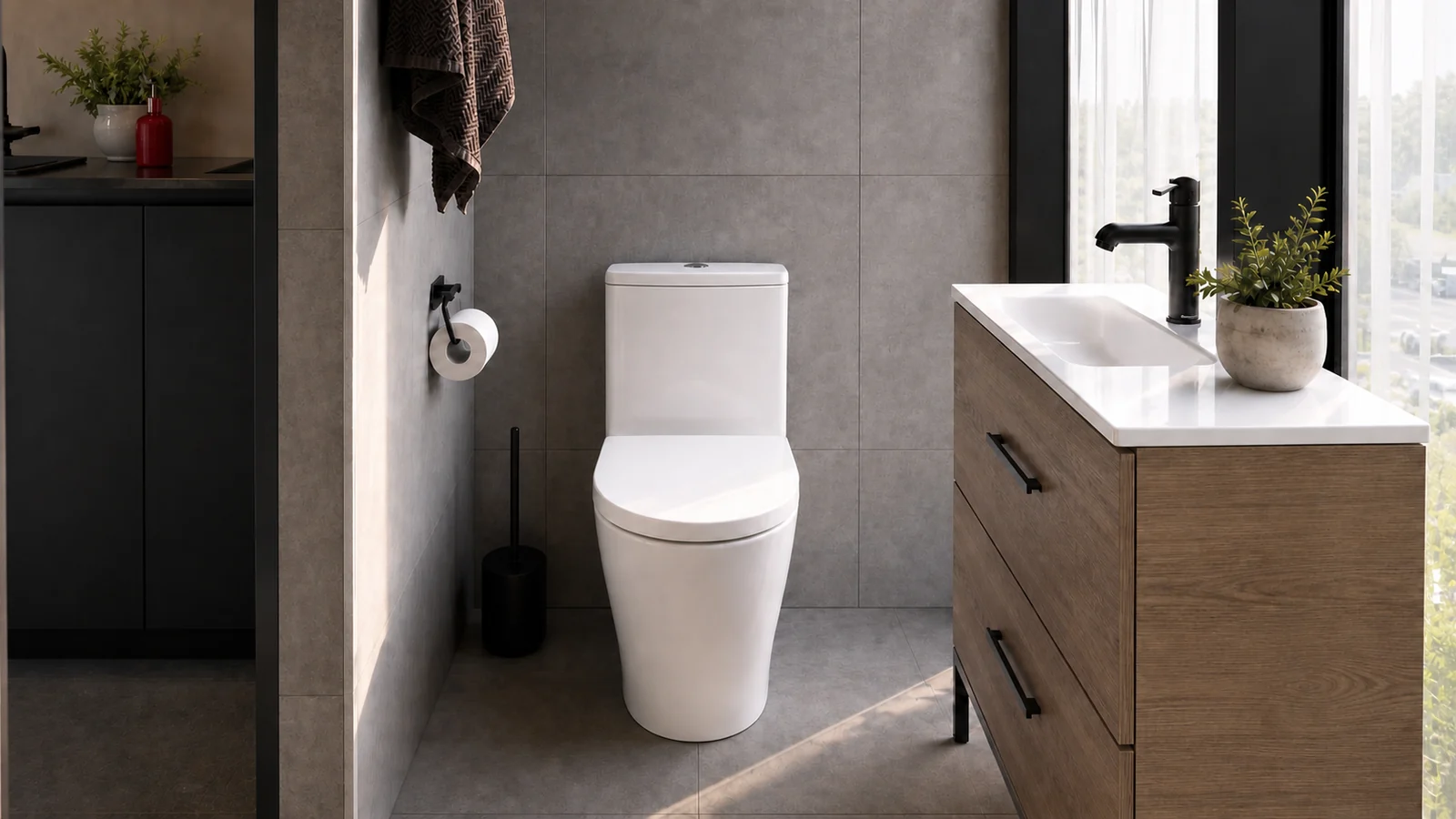 Bathroom in the wide 5.8 m mirror house, grey tiled wall with a toilet and roll holder beside a timber vanity with a black mixer