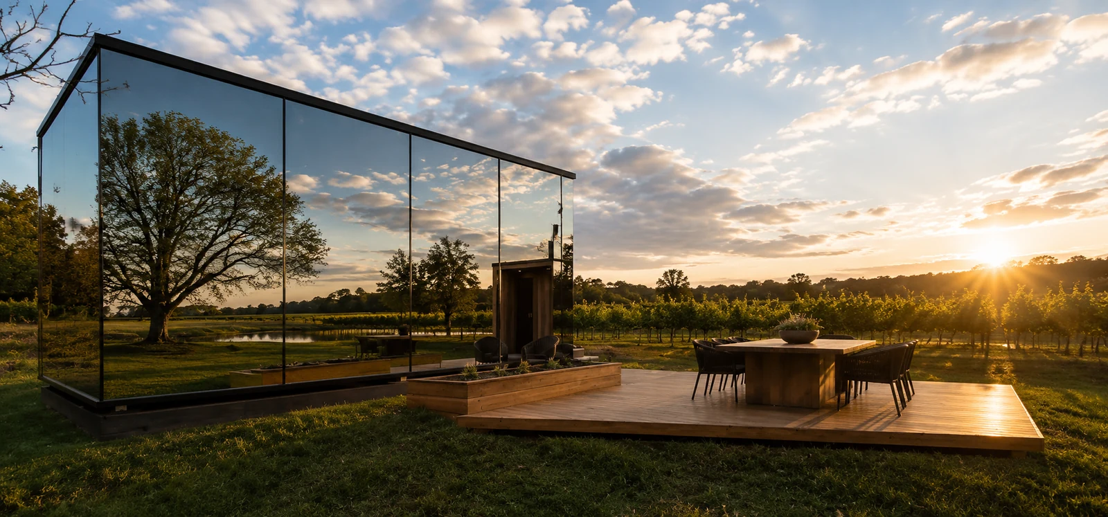 Mirror house at sunset beside a vineyard, its long mirrored wall reflecting a big spreading tree, a dam and rows of vines under a streaked sky, with a timber deck and outdoor dining table alongside