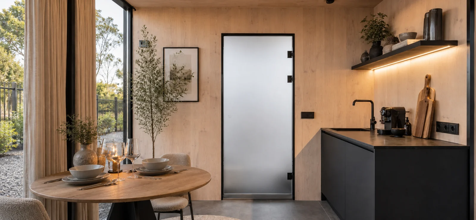 Dining and kitchen corner of the 8 m mirror house, round table set for two by the glazing, black bench run with a coffee machine and a frosted glass bathroom door